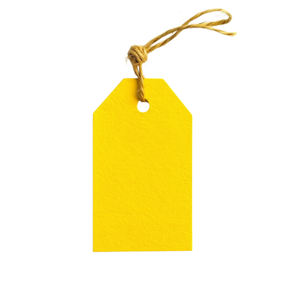 Bright yellow paper tag with string knot for labeling crafts Isolated on transparent Background png