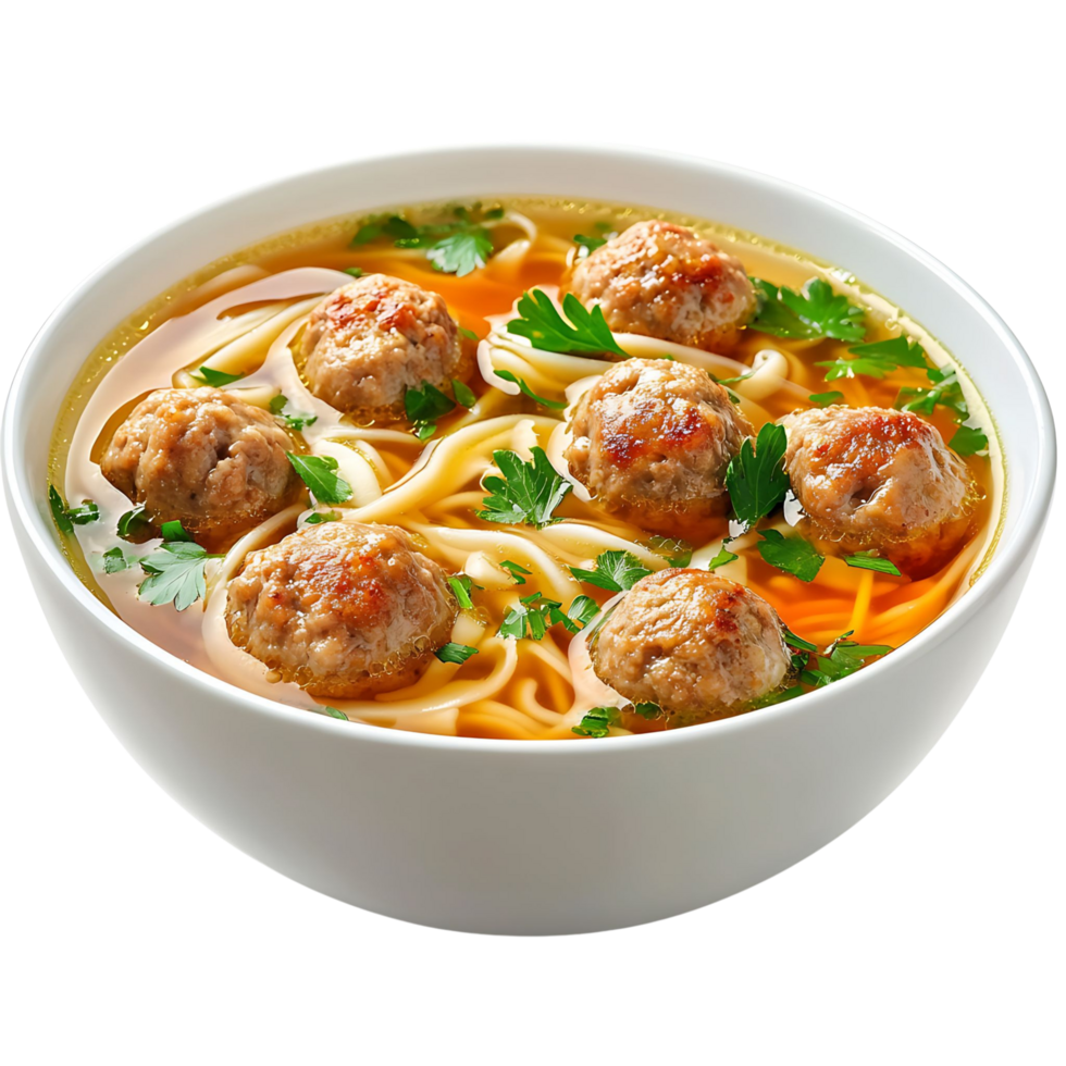 Fresh Chicken Noodle Soup with Meatballs and Green Herbs Isolated on transparent Background png