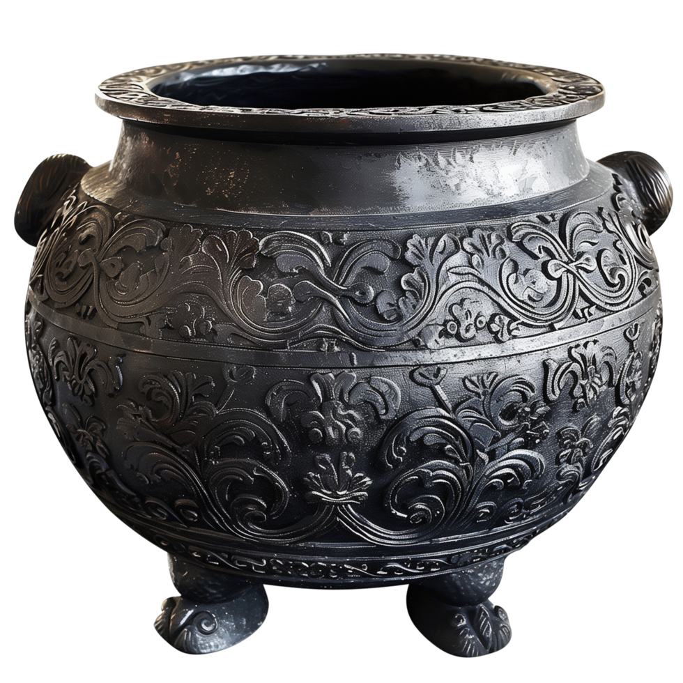 Intricately carved black iron cauldron for rustic or fantasy decor. Isolated on transparent Background png