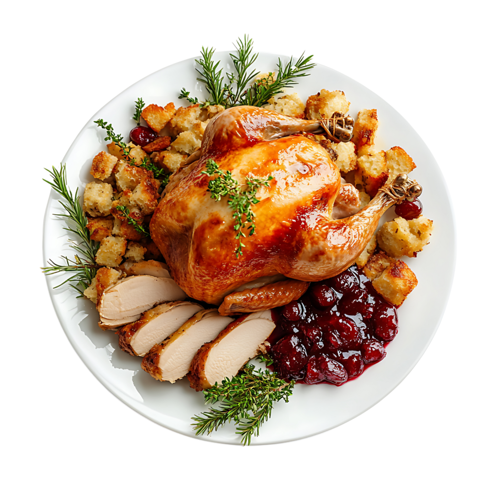 Christmas dinner roast turkey with stuffing and cranberry presentation. Isolated on transparent Background png