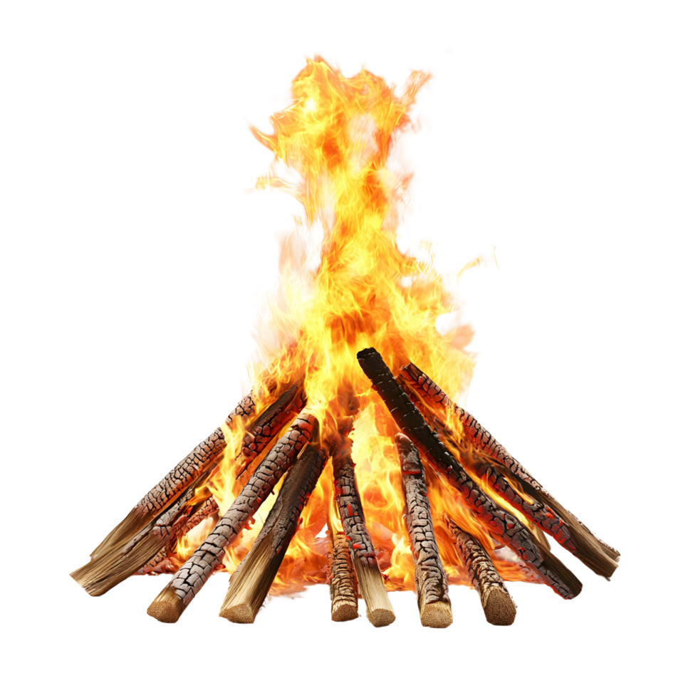 A blazing bonfire with rising flames and embers. Isolated on transparent Background png