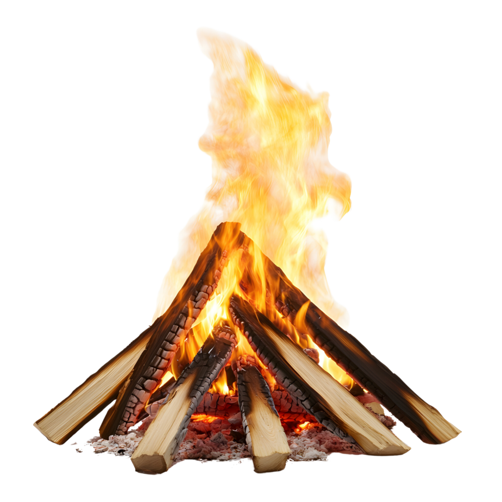 Bright orange bonfire flames dancing upward. Isolated on transparent Background png