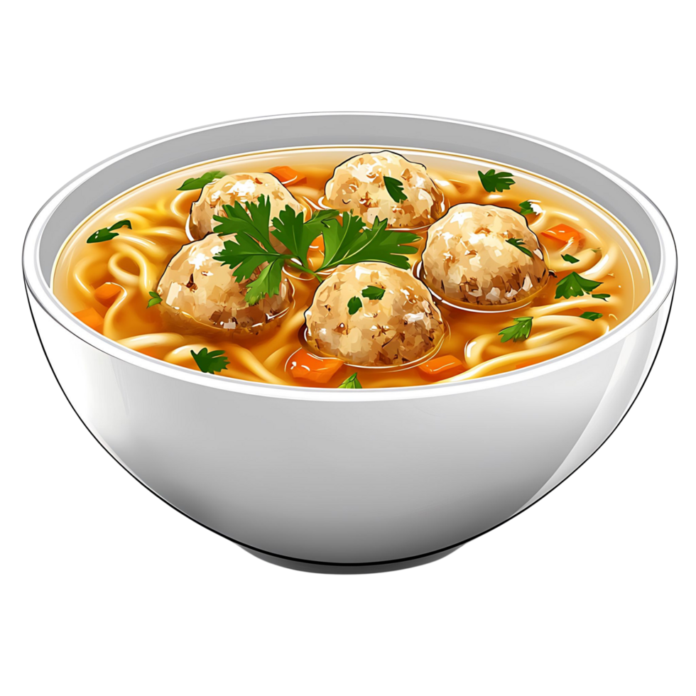 Hot Chicken Noodle Soup with Seasoned Meatballs and Fresh Garnish Isolated on transparent Background png