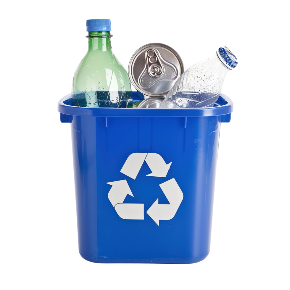 Recyclable bottle and can in blue bin for waste management. Isolated on transparent Background png