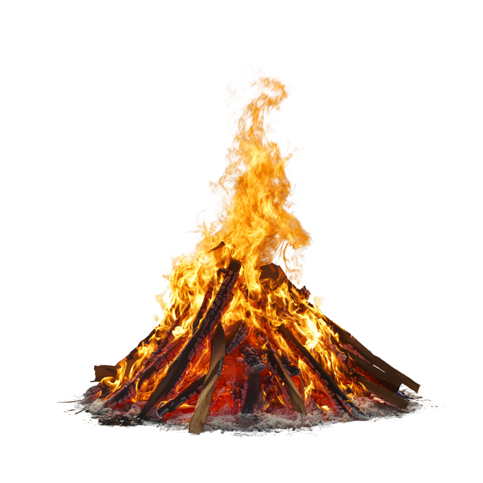 Roaring campfire with visible embers and logs. Isolated on transparent Background png