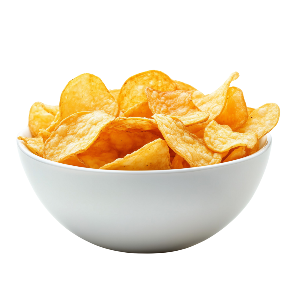 A bowl of delicious golden potato chips with a light, airy crunch, isolated on transparent background png