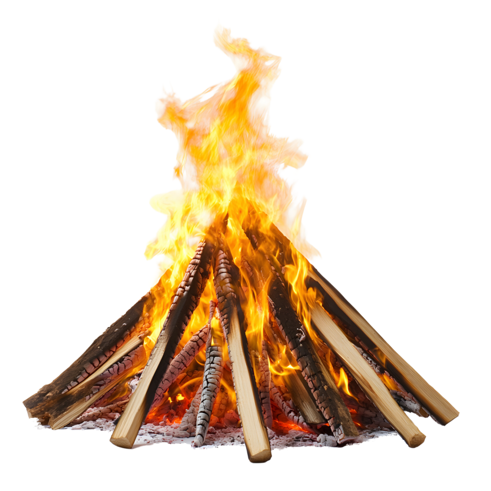 Outdoor bonfire burning brightly with intense flames. Isolated on transparent Background png