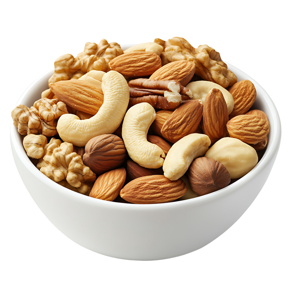 A bowl of crunchy mixed nuts including almonds, walnuts, and cashews, isolated on transparent background png