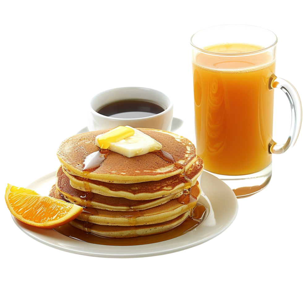 A set of pancakes with coffee and orange juice, perfect breakfast scene, isolated on transparent background png