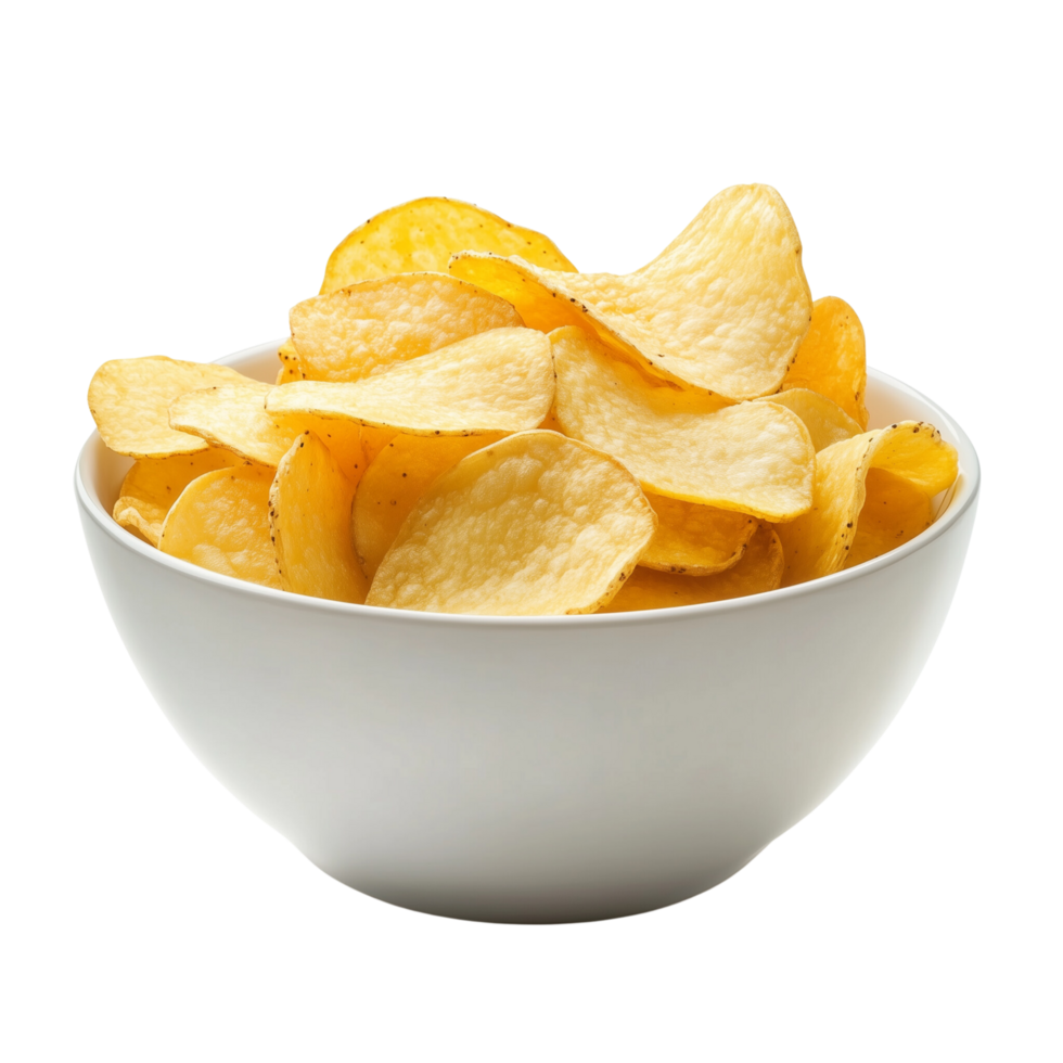 A bowl of crispy golden potato chips with a golden hue, isolated on transparent background png
