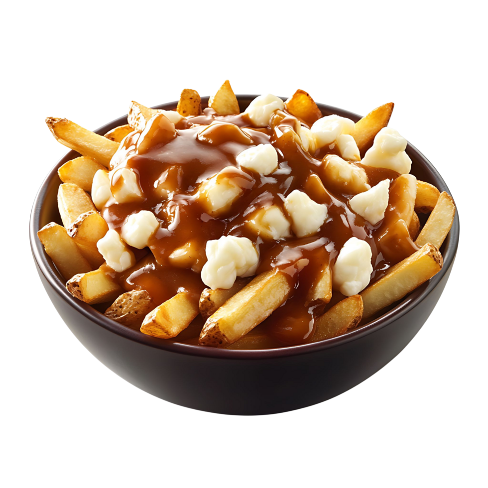 A comforting bowl of poutine with crispy fries, cheese curds, and rich gravy, isolated on transparent background png