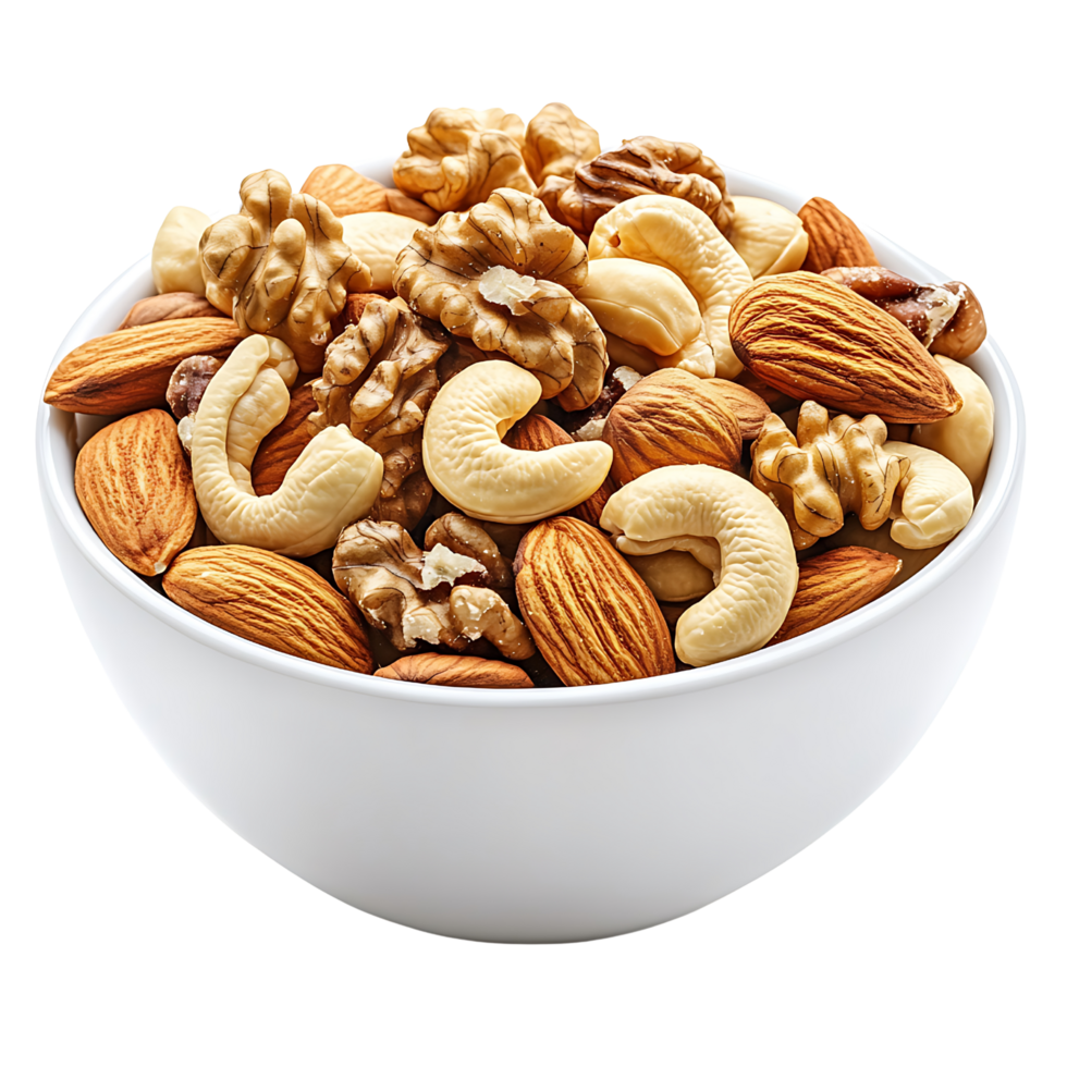 A bowl of fresh mixed nuts including almonds, walnuts, and cashews, isolated on transparent background png