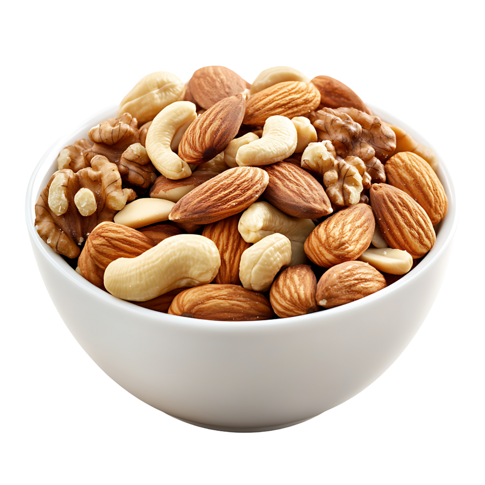 A bowl of mixed nuts including almonds, walnuts, and cashews, isolated on transparent background png