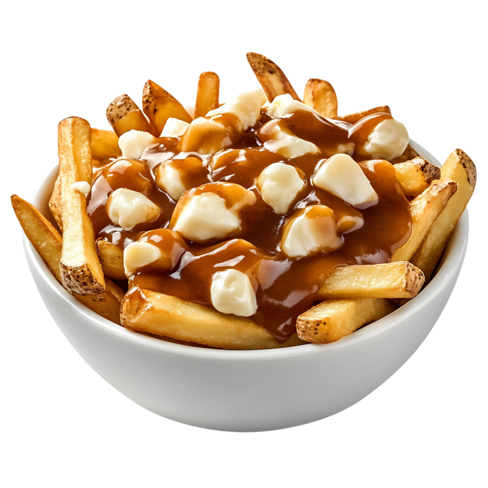 A classic bowl of poutine with crispy fries, cheese curds, and rich gravy, isolated on transparent background png