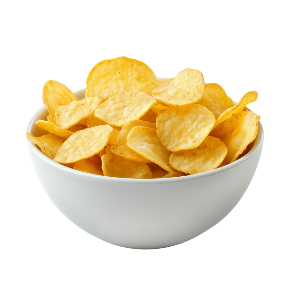 A bowl of freshly fried golden potato chips with a light crunch, isolated on transparent background png