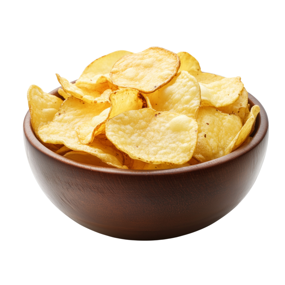 A bowl of crispy golden potato chips, perfect for snacking, isolated on transparent background png