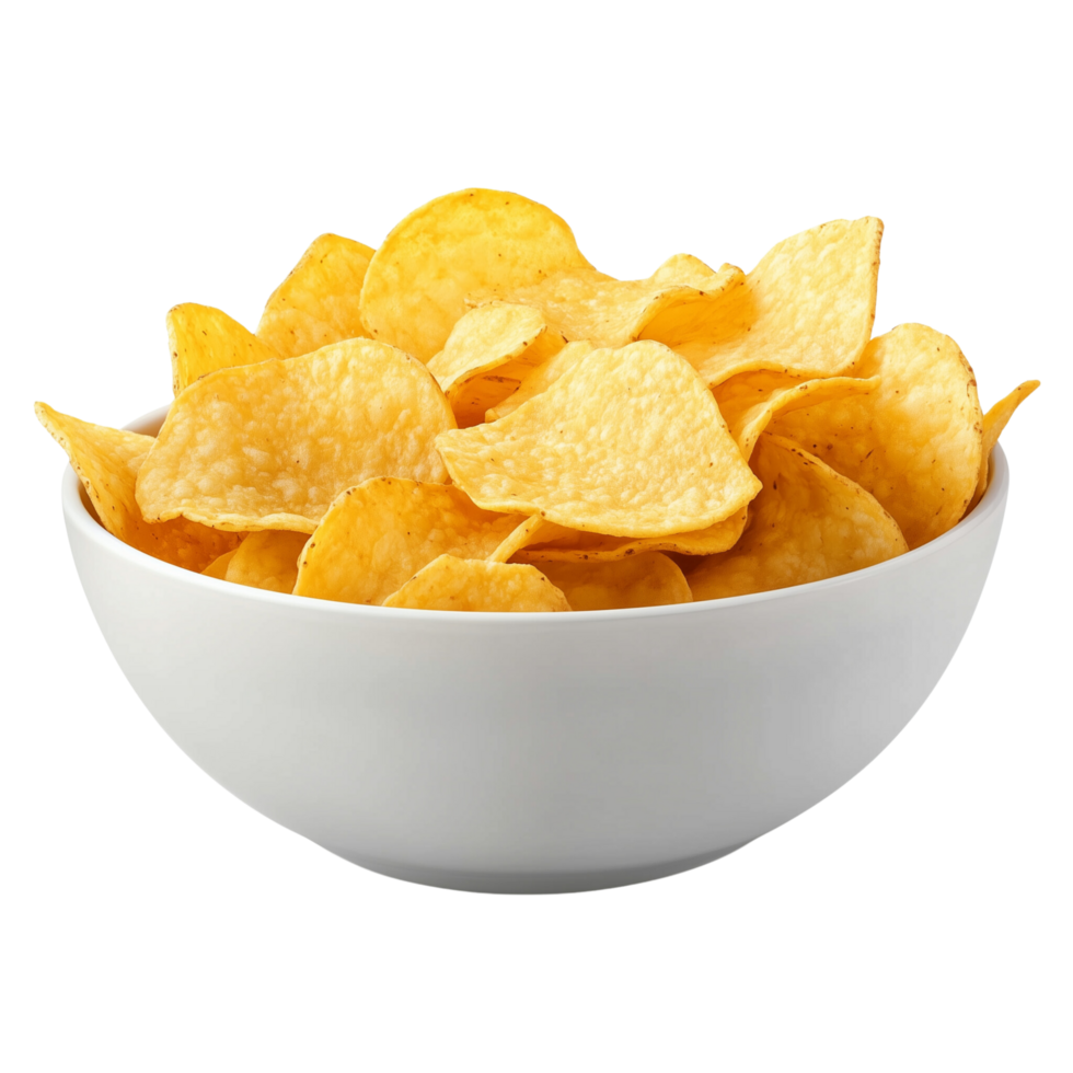 A bowl of hot, crispy golden potato chips with a satisfying crunch, isolated on transparent background png