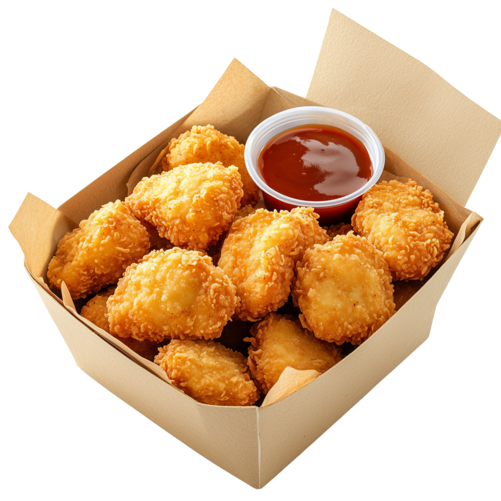 A set of crispy chicken nuggets in a box with dipping sauce, isolated on transparent background png