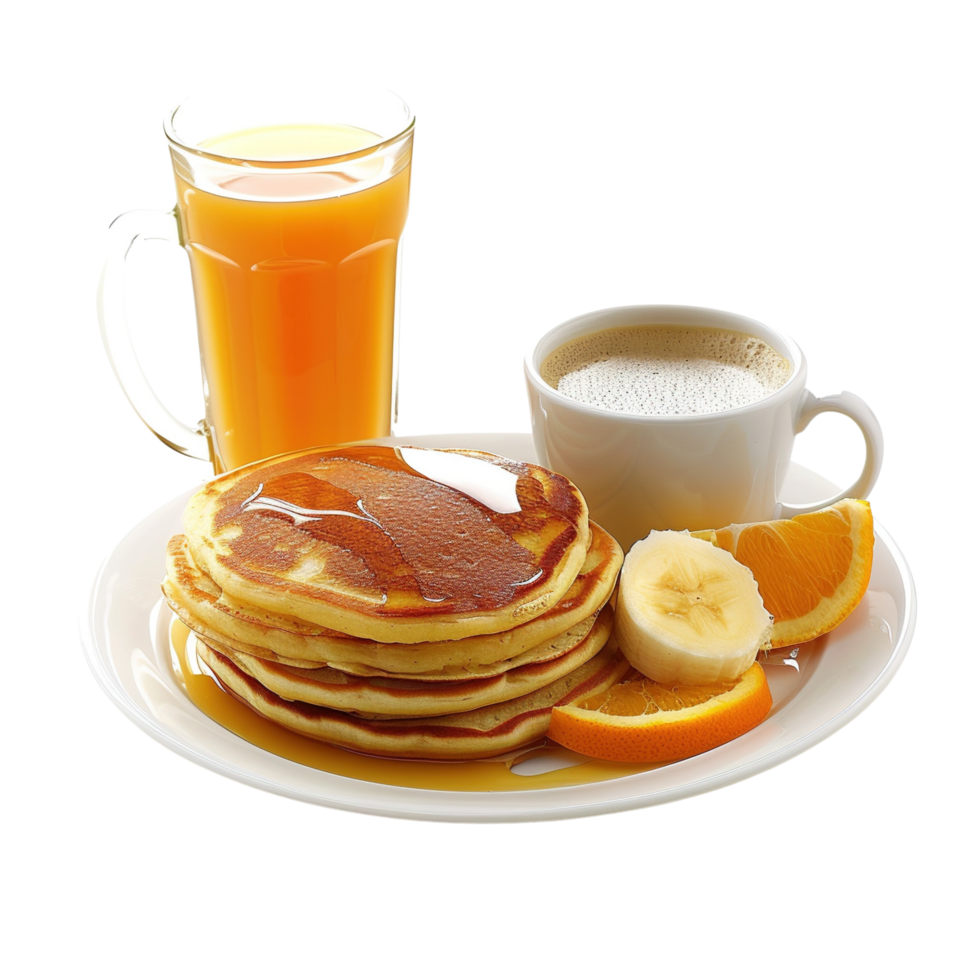 A set of pancakes, coffee, and orange juice for a delicious breakfast, isolated on transparent background png