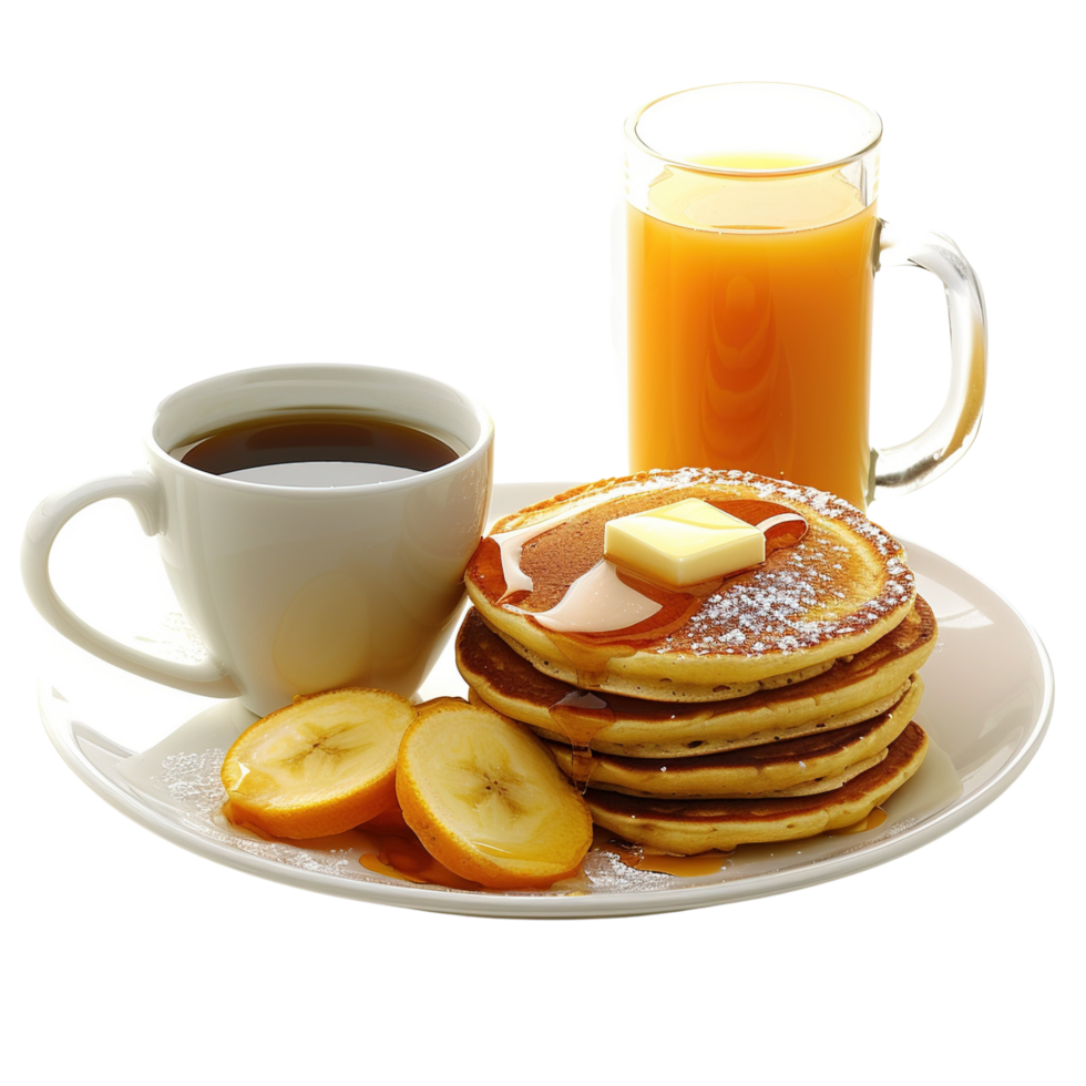 A collection of pancakes with coffee and juice, isolated on transparent background png