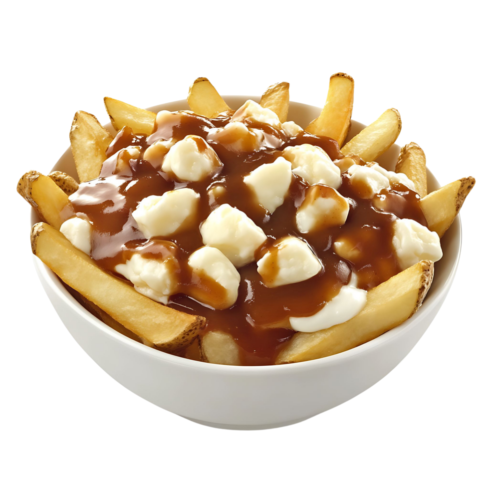 A bowl of delicious poutine with crispy fries, cheese curds, and rich gravy, isolated on transparent background png