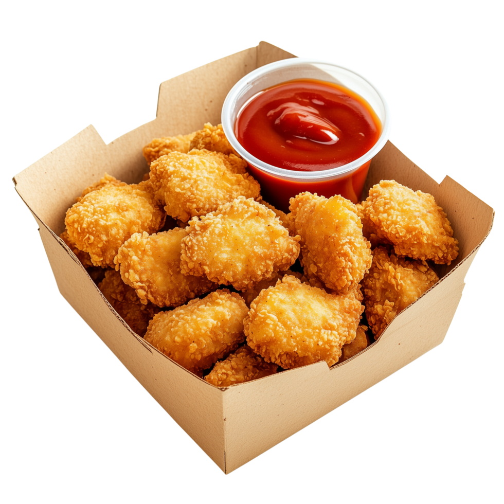 A collection of golden crispy chicken nuggets with sauce, isolated on transparent background png