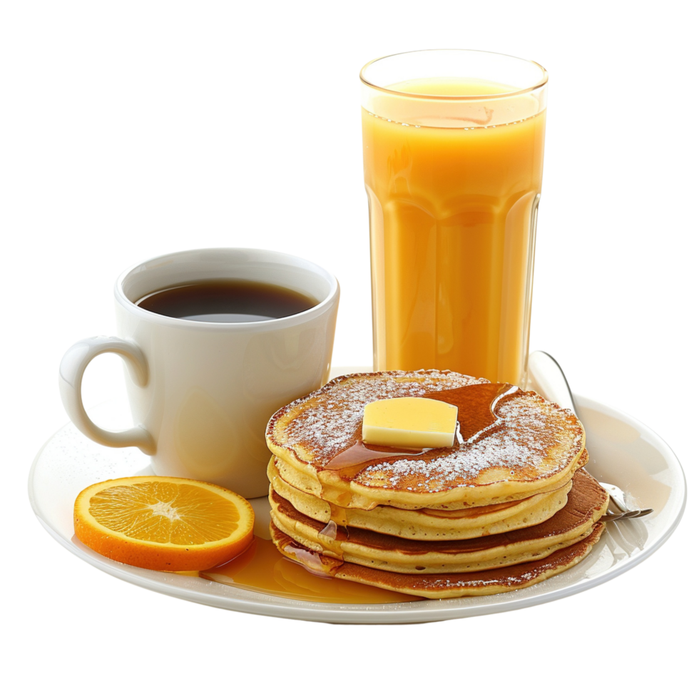 A collection of pancakes with coffee and orange juice for breakfast, isolated on transparent background png