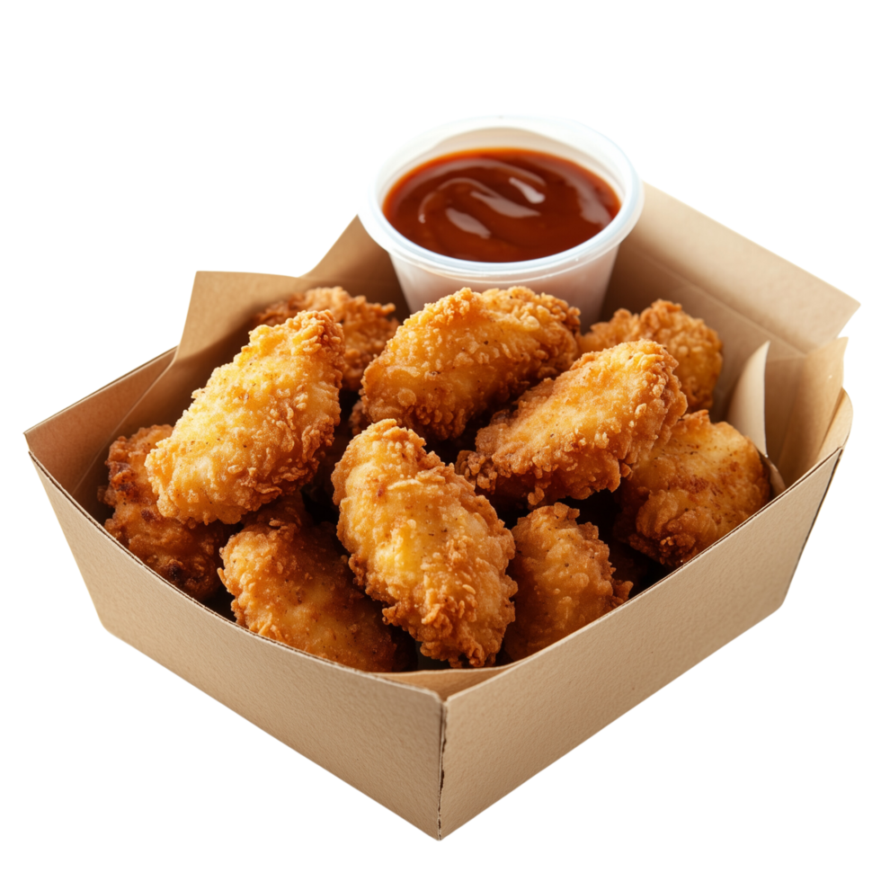 A collection of crispy chicken nuggets served with dipping sauce, isolated on transparent background png