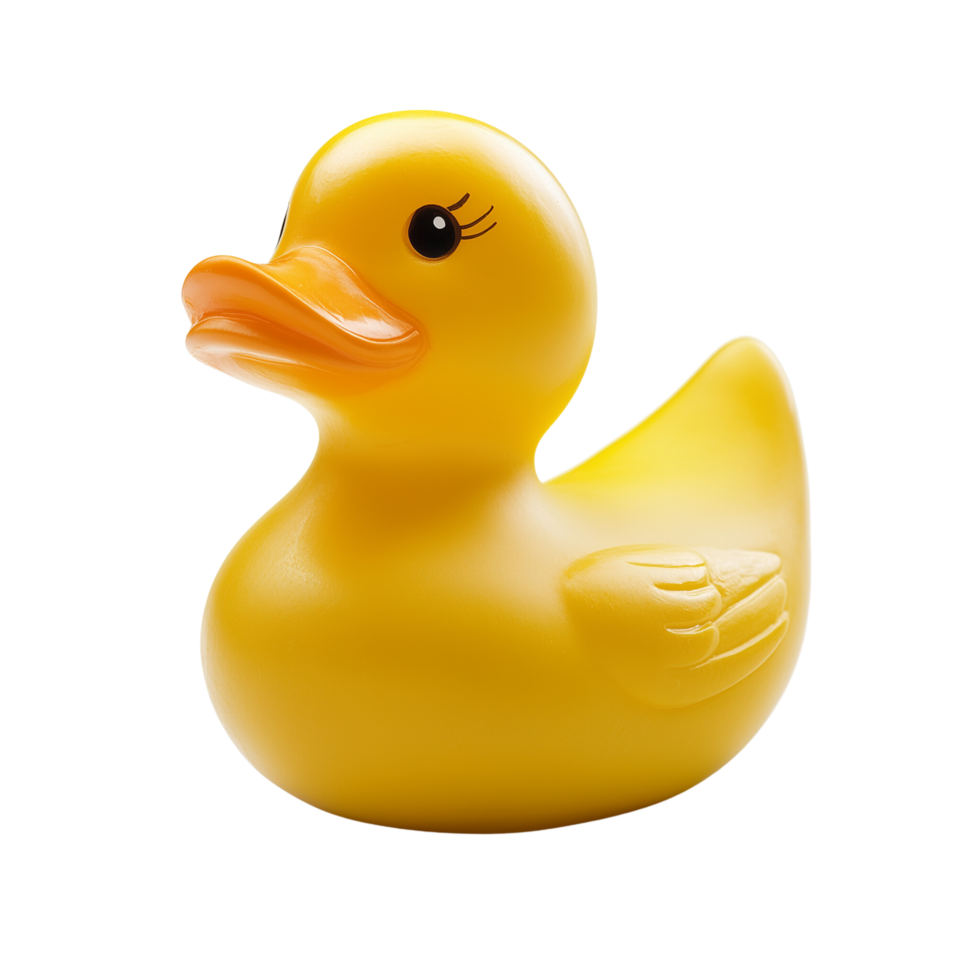 Glossy yellow rubber duck toy with a cheerful face Isolated on transparent Background png