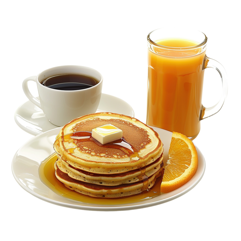 A set of pancakes, coffee, and orange juice for a perfect breakfast, isolated on transparent background png