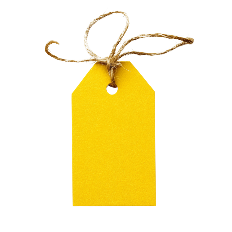 Rustic yellow craft paper tag with a knotted twine loop Isolated on transparent Background png