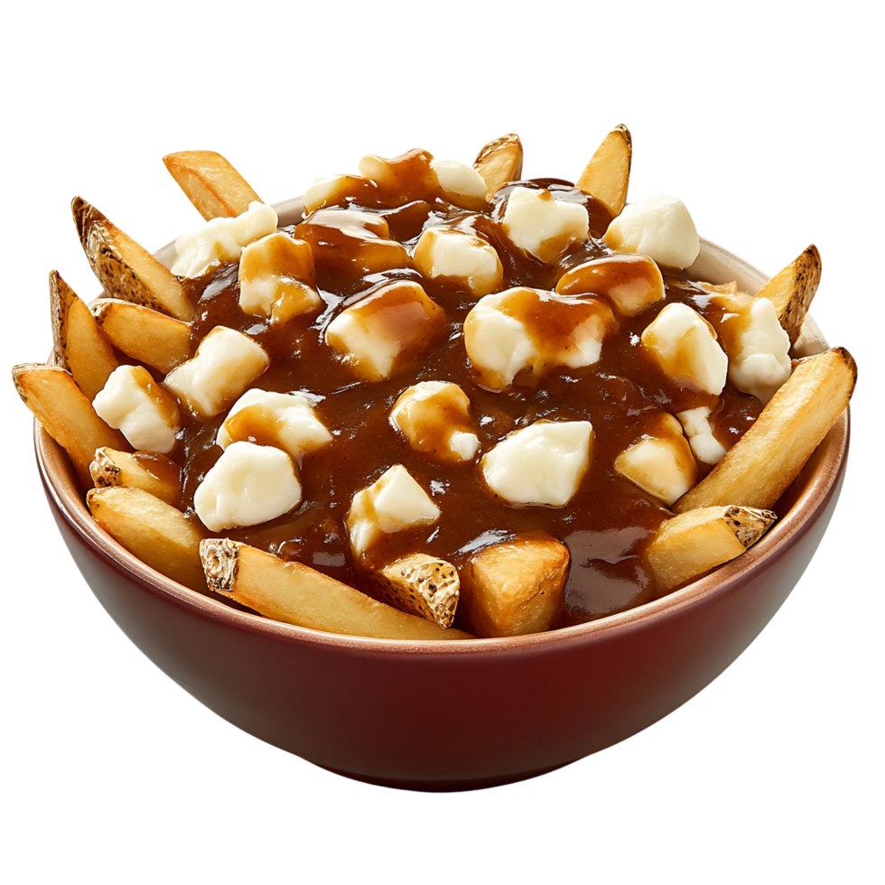 A savory bowl of poutine with crispy fries, cheese curds, and rich gravy, isolated on transparent background png