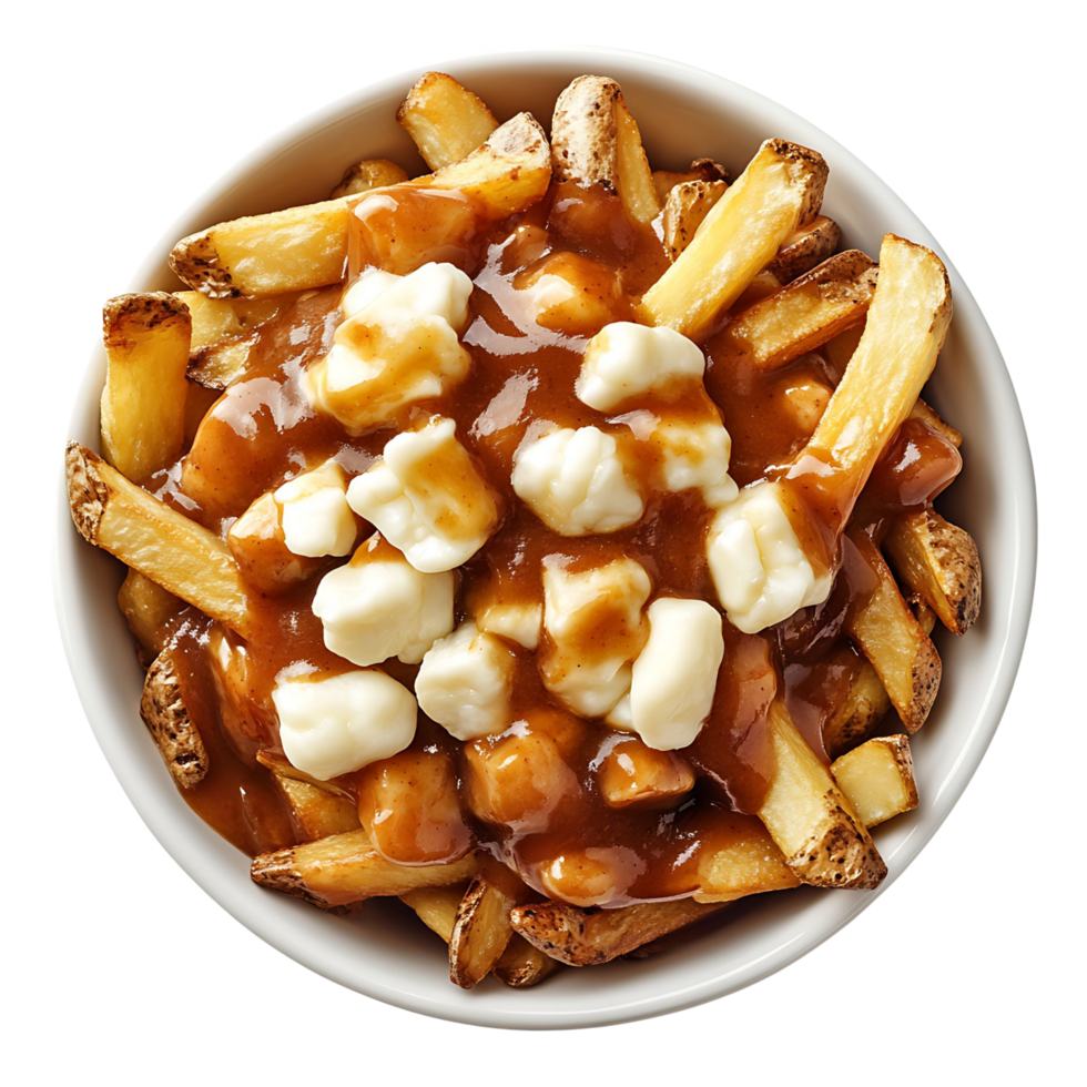 A hearty bowl of poutine with crispy fries, cheese curds, and rich gravy, isolated on transparent background png