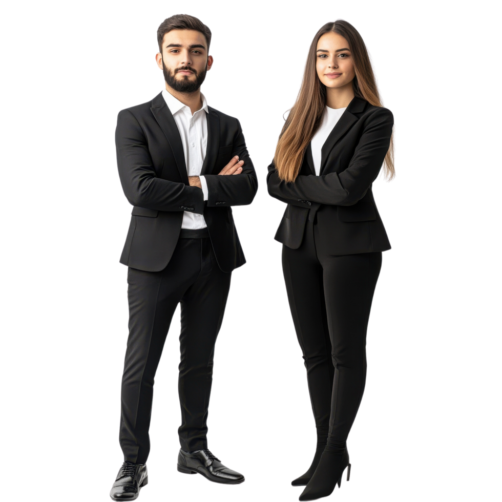 Career-driven business duo confidently posing in suits Isolated on transparent Background png