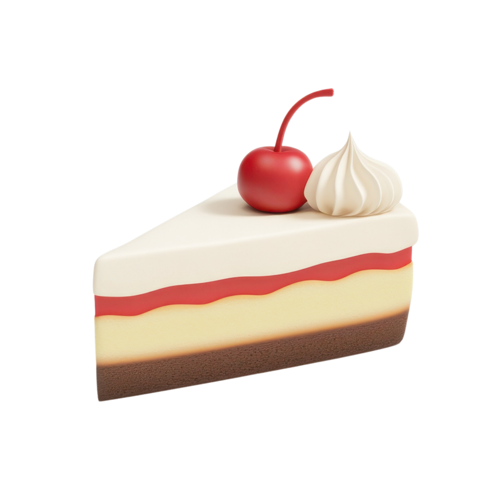 A delightful 3D cartoon slice of cake adorned with a cherry, isolated on transparent background png