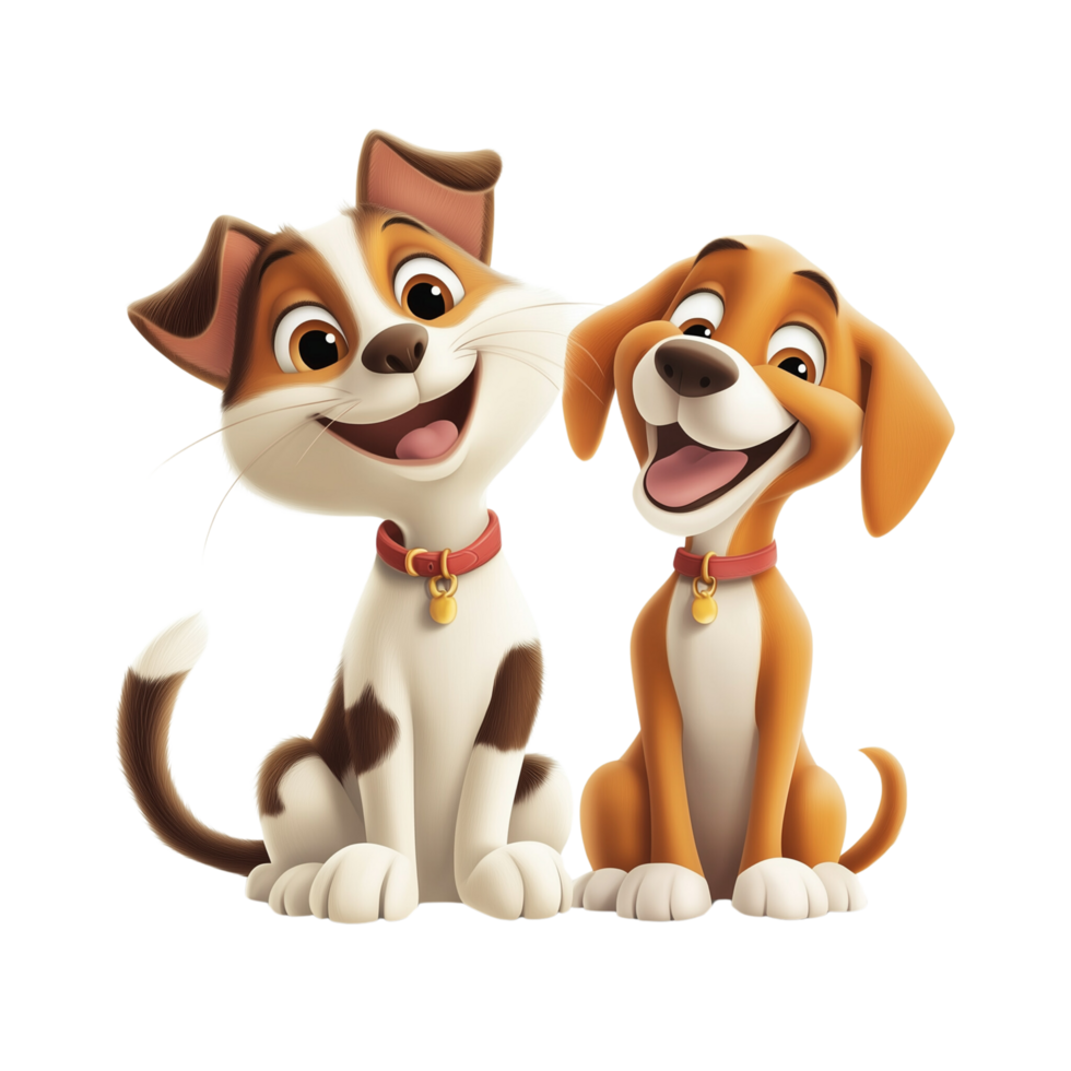 A cartoon cat and dog sitting together, both smiling and showing friendly expressions, isolated on transparent Background png