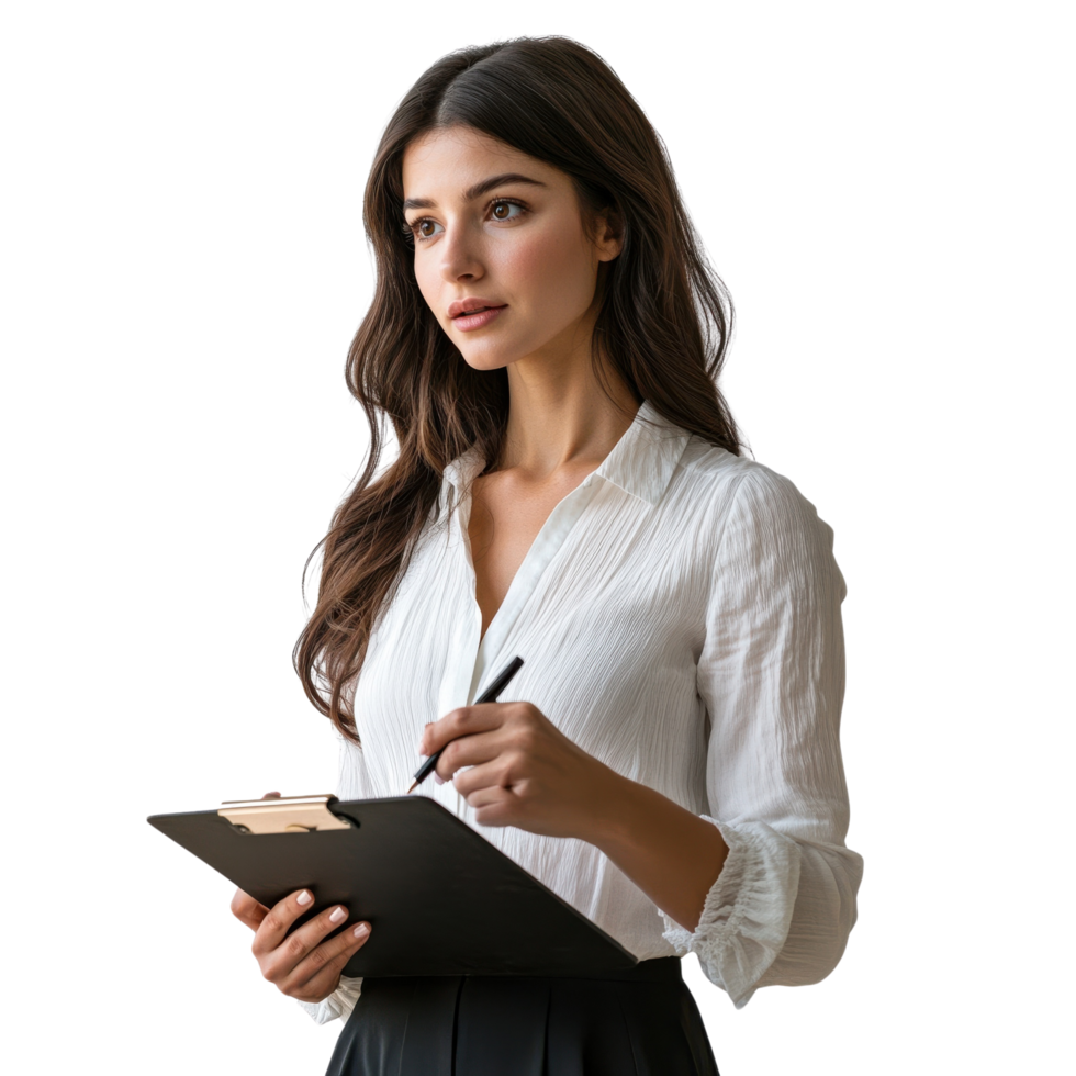A businesswoman in a white blouse and black skirt, discussing ideas with a clipboard and pen, isolated on transparent Background png