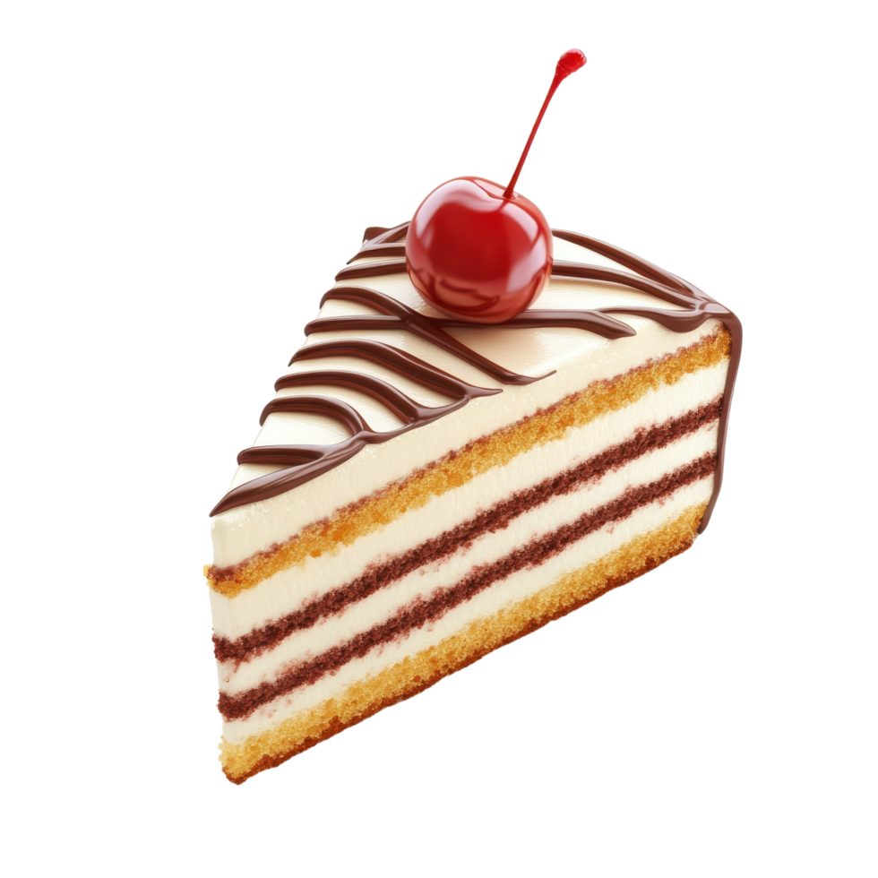 A charming 3D cartoon slice of cake topped with a cherry, isolated on transparent background png