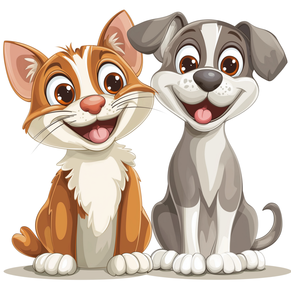 A cartoon cat and dog, both smiling at each other with friendly expressions, isolated on transparent Background png