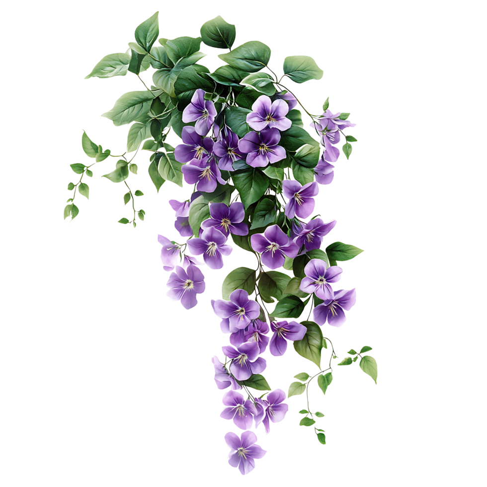 A cluster of hanging flowers with lush green leaves, isolated transparent Background png