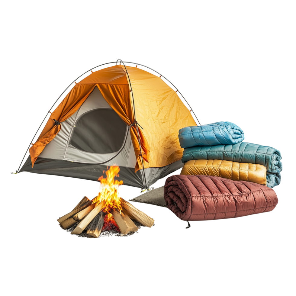 A camping scene with a tent, sleeping bags, and a cozy campfire setup, isolated on transparent Background png