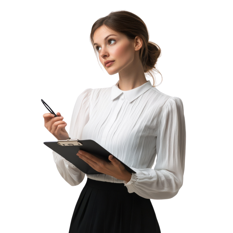 A businesswoman in a white blouse and black skirt, holding a clipboard, focused on a professional conversation, isolated on transparent Background png