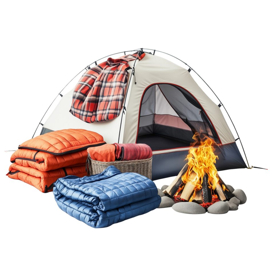 A camping scene with a tent, sleeping bags, and a campfire setup, creating a relaxing outdoor retreat, isolated on transparent Background png