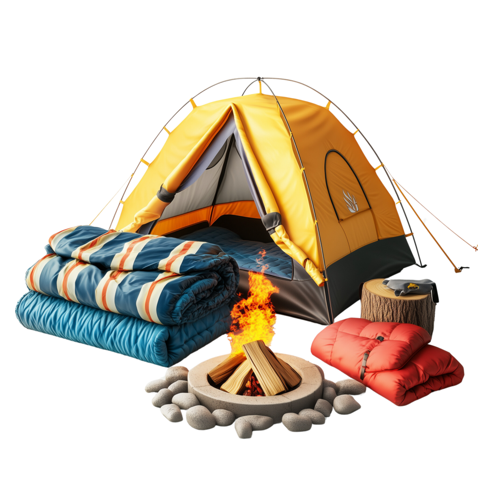 A camping scene featuring a tent, sleeping bags, and a campfire, ideal for a peaceful weekend retreat, isolated on transparent Background png