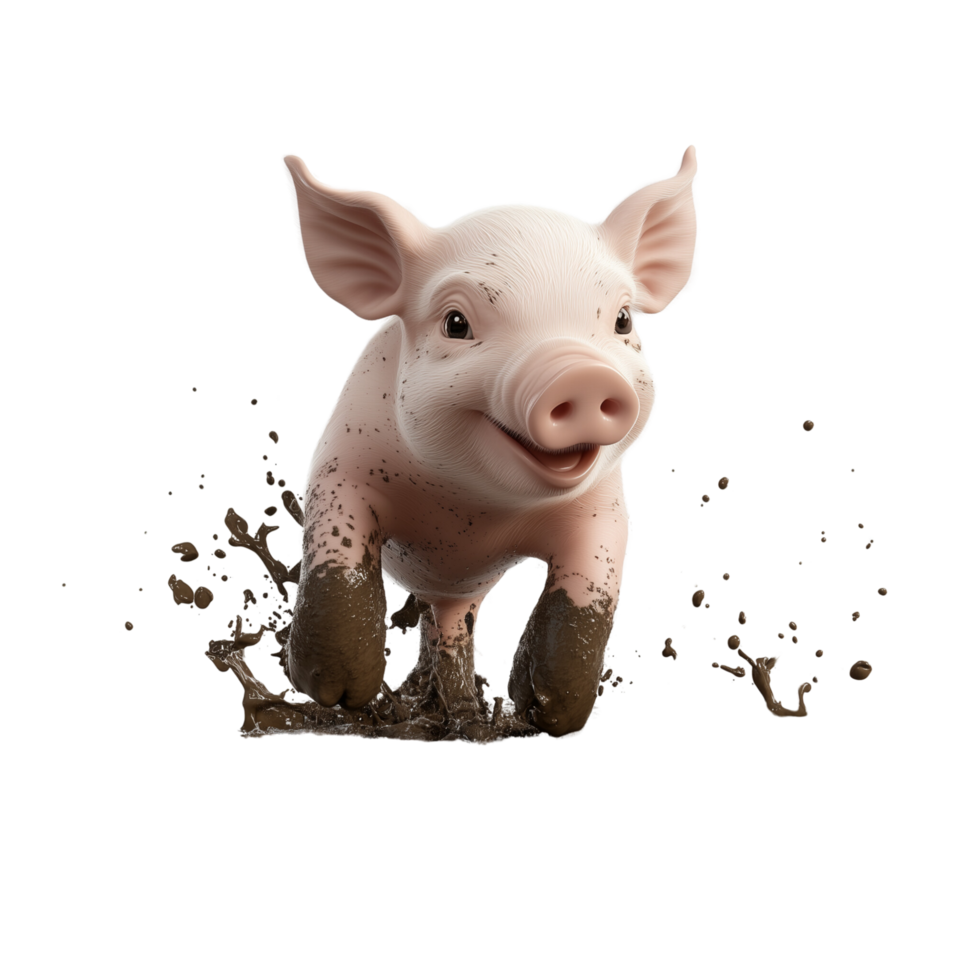 A vibrant 3D piglet splashing happily in a muddy puddle, isolated on transparent Background png