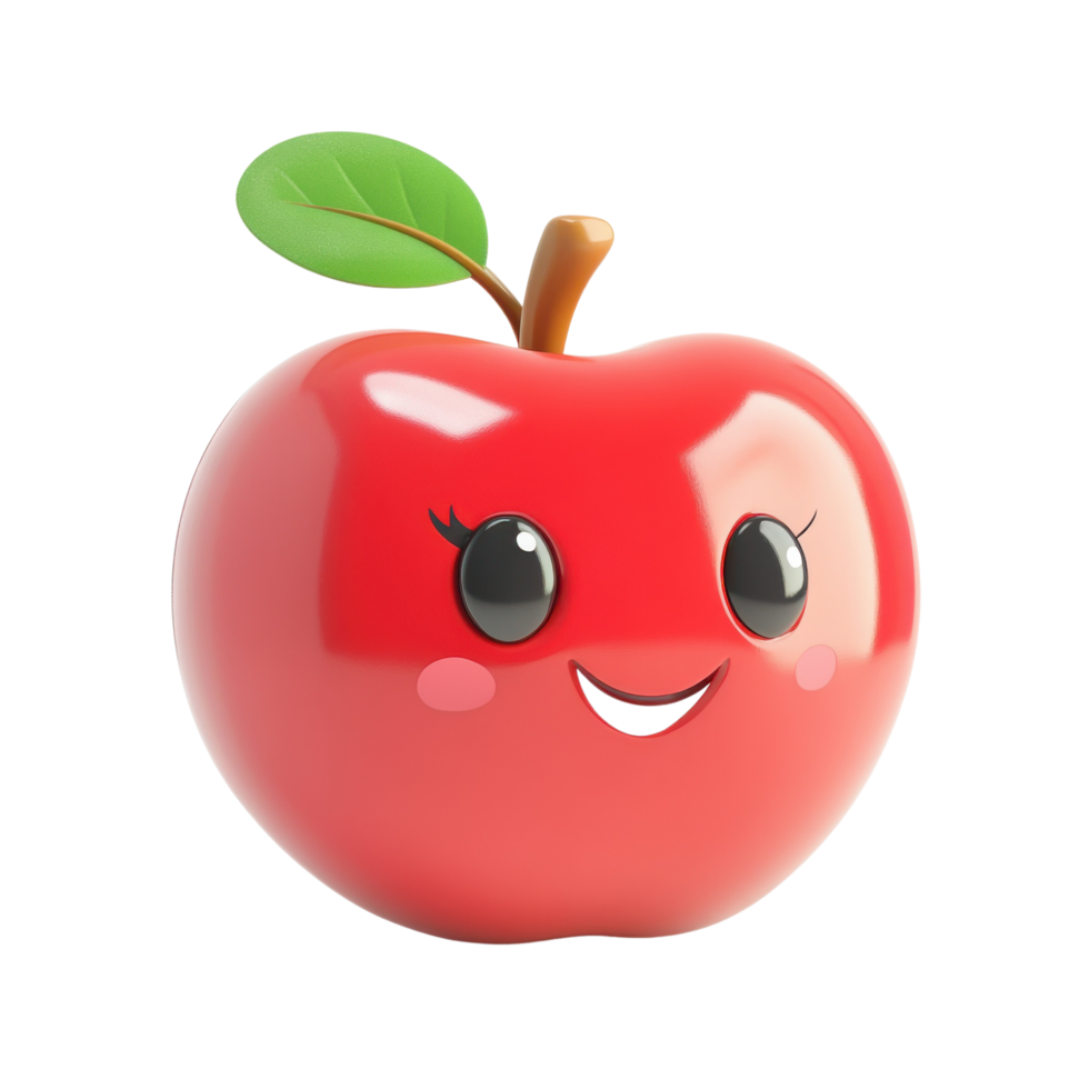 A joyful 3D cartoon apple with shiny red skin and a leaf, isolated on transparent background png