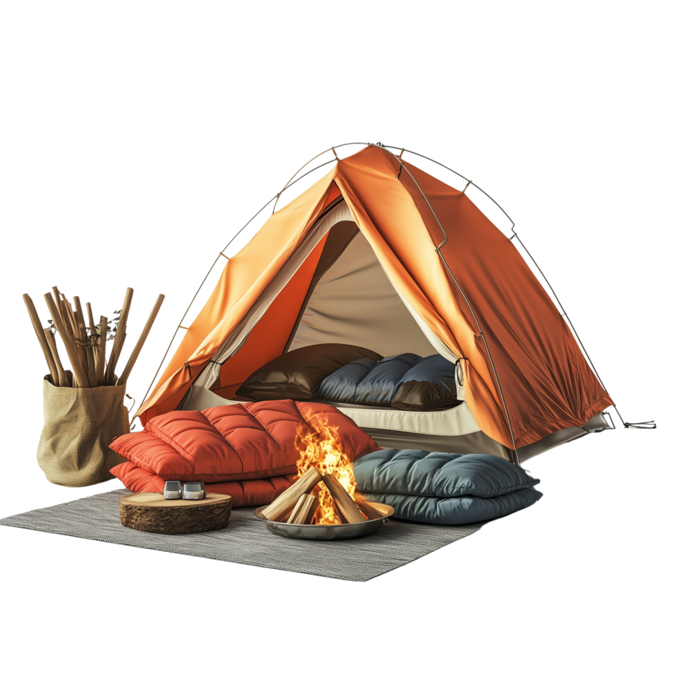 A camping scene with a tent, sleeping bags, and a warm campfire, ideal for a weekend retreat, isolated on transparent Background png