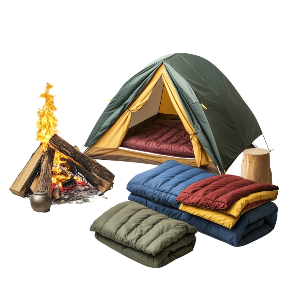 A peaceful camping scene with a tent and campfire setup, perfect for a weekend getaway, isolated on transparent Background png