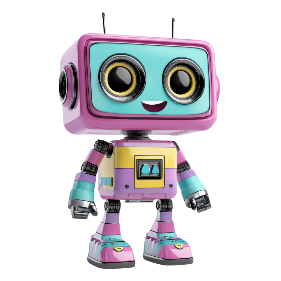 A cheerful and colorful 3D toy robot with expressive eyes, cartoon style, isolated on transparent background png