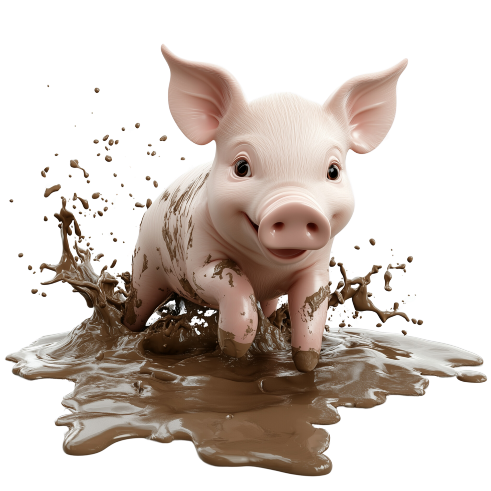 A playful 3D piglet splashing joyfully in a muddy puddle, isolated on transparent Background png
